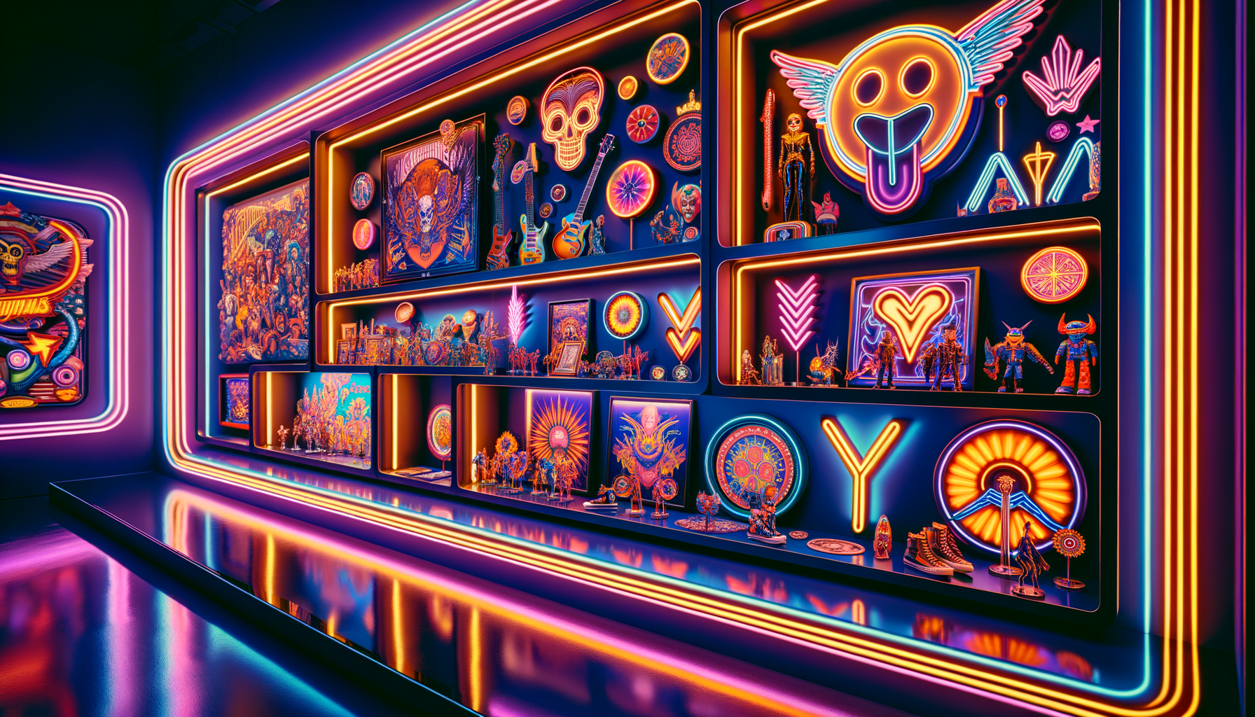 Modern gallery wall with neon-lit 3D printed designs, art figures, and bold geometric patterns