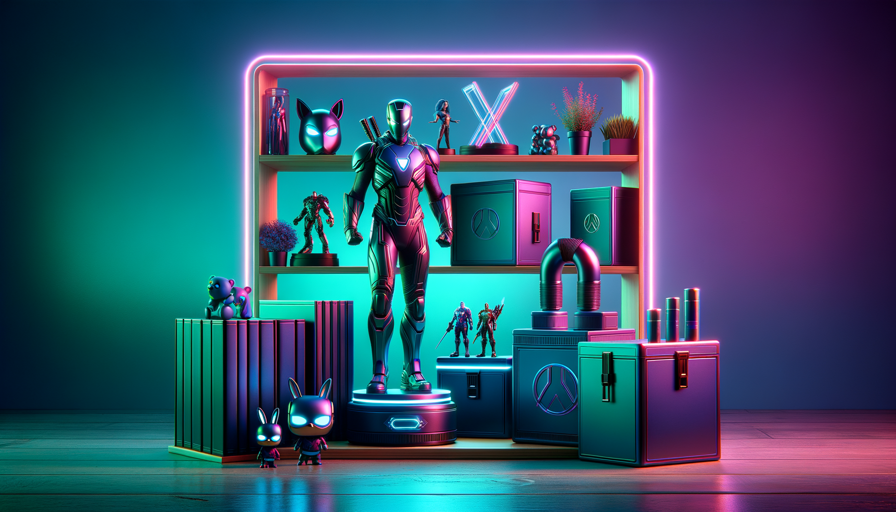 Lunqo 3D printed superhero and robot figures on modern display shelf with neon lighting