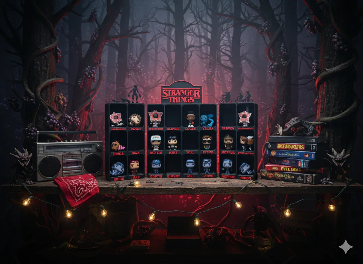 Stranger Things 3D printed collectible display on rustic shelf with books, radio, and forest backdrop