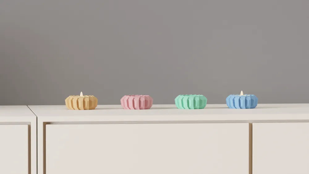 Modern angular LED tealight holder product view in selected colour