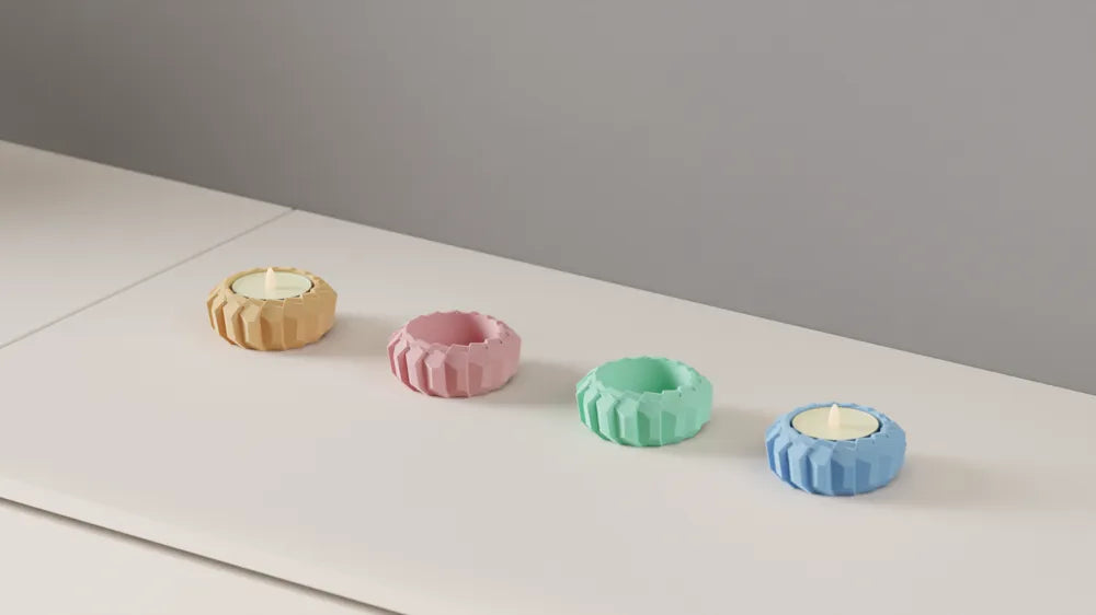 Modern angular LED tealight holder product view in selected colour