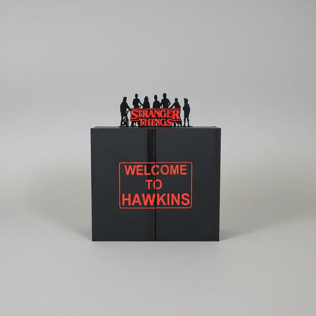 Lunqo 3D printed Stranger Things decor with 'Welcome to Hawkins' sign and character silhouettes