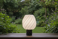 Modern 3D printed lamp with twisted design on a wooden table in a lush garden, Lunqo style