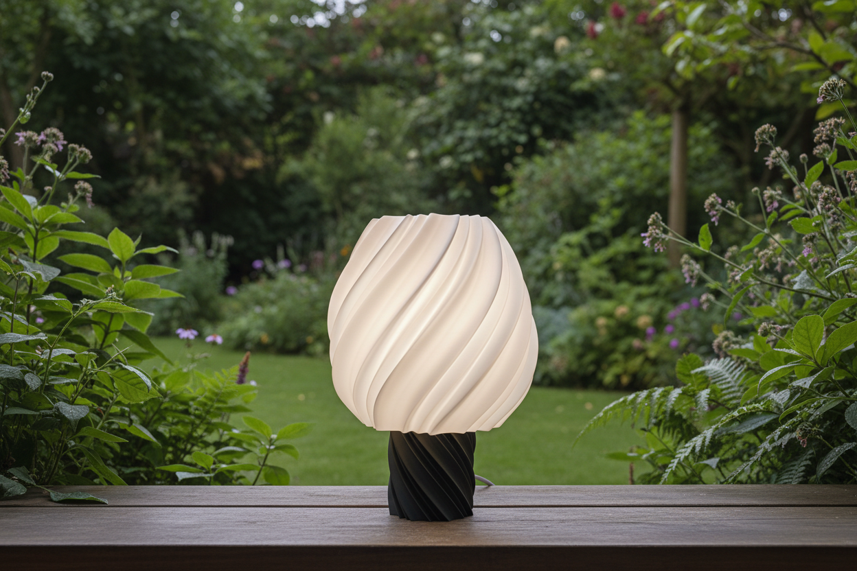 Modern 3D printed lamp with twisted design on a wooden table in a lush garden, Lunqo style