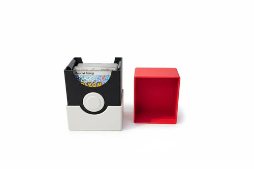 Lunqo 3D printed modern black and white card holder with red lid, displaying trading cards.