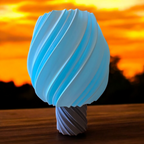 Modern 3D printed blue spiral lamp by Lunqo on wood surface, sunset background
