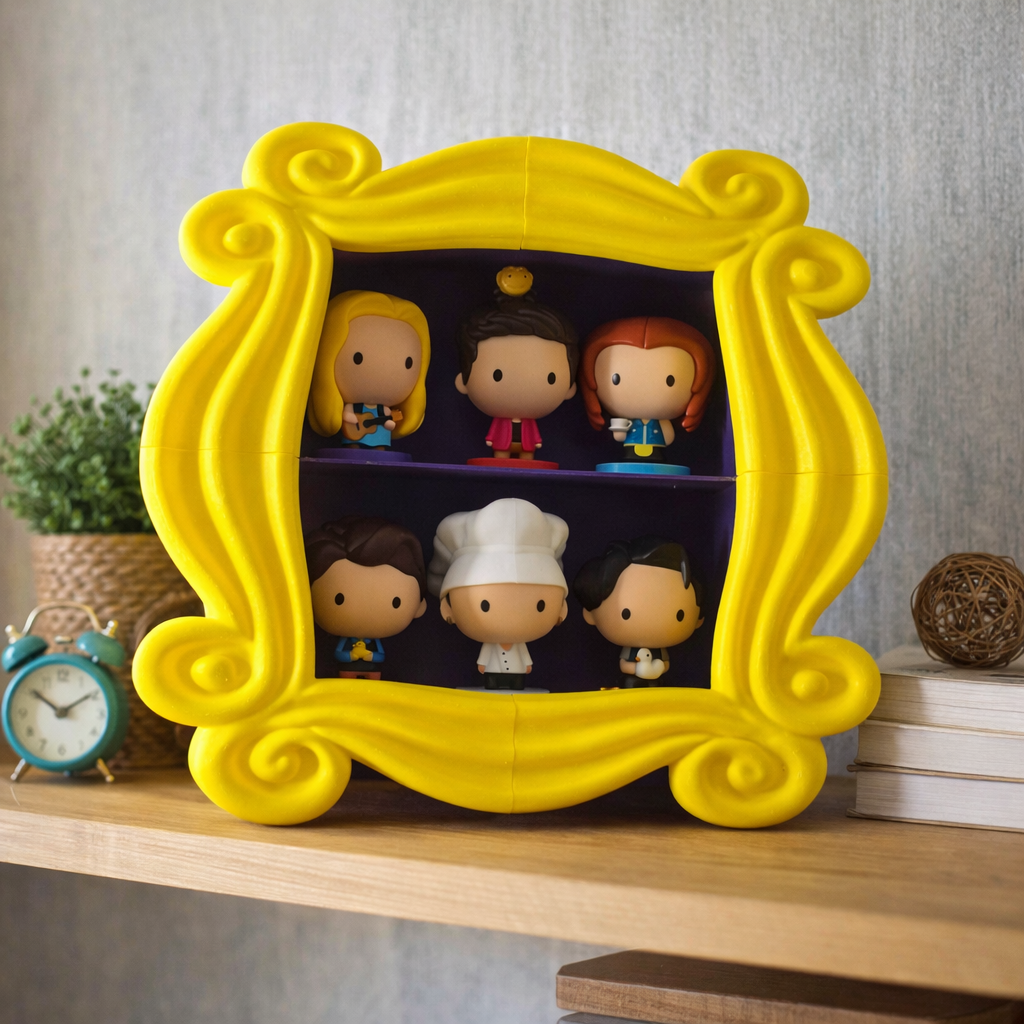 Yellow frame with small figurines on a shelf against a gray wall.