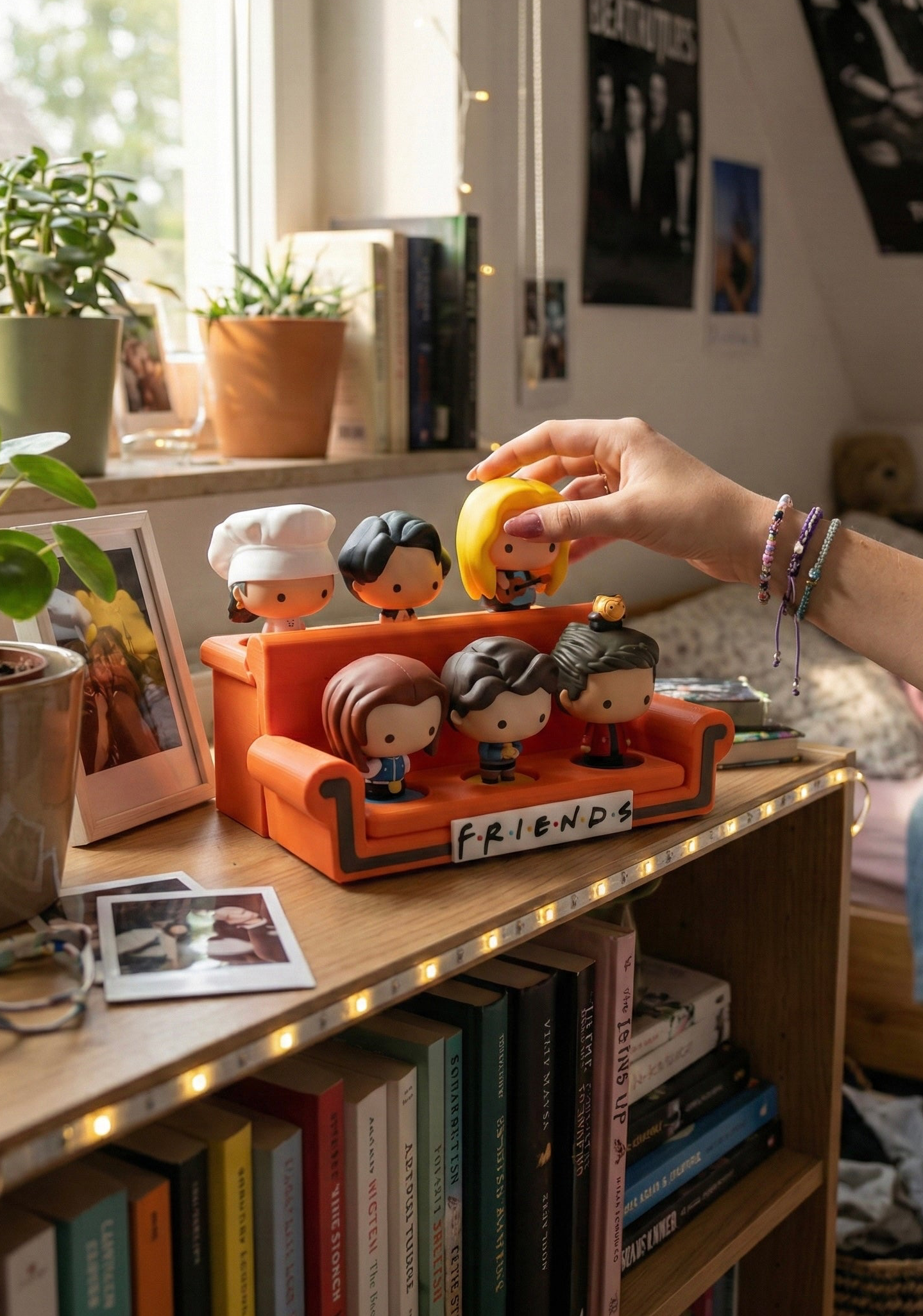 Decorative figurine of characters from 'Friends' on a small orange couch with books and decor in the background.