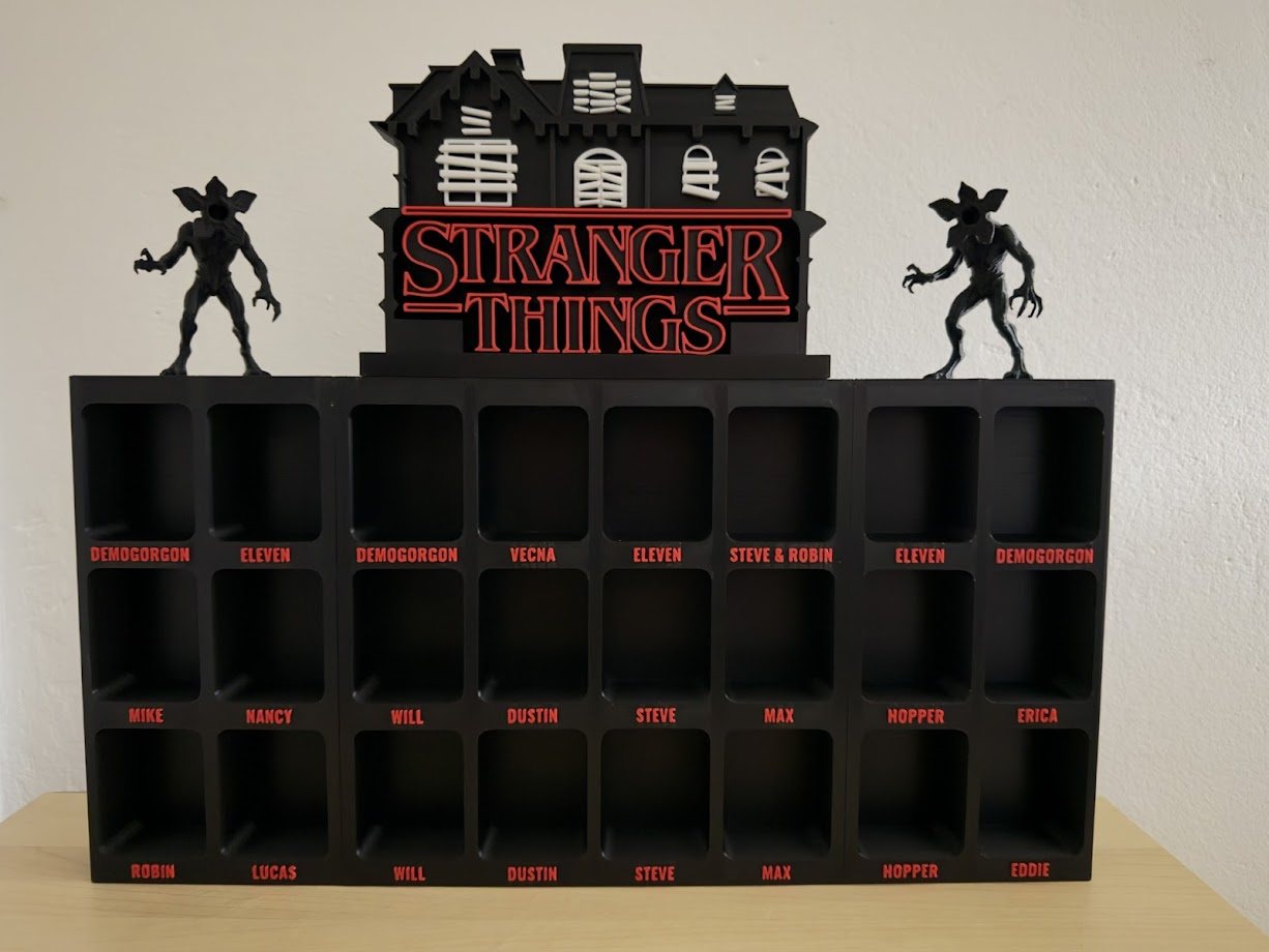 Lunqo 3D printed Stranger Things display shelf with Demogorgon figures and labeled cubbies.