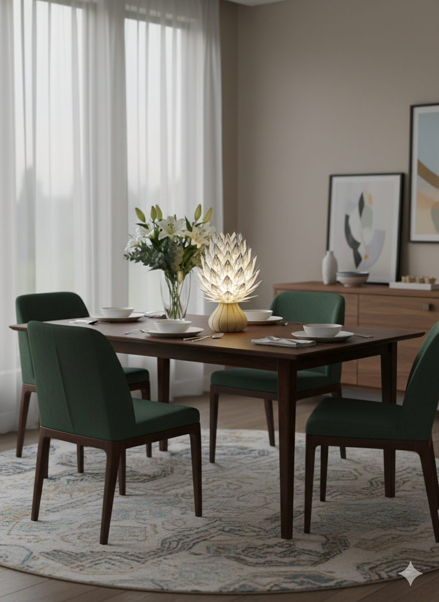 Modern dining room with green chairs, wooden table, 3D printed Lunqo lamp, and floral decor