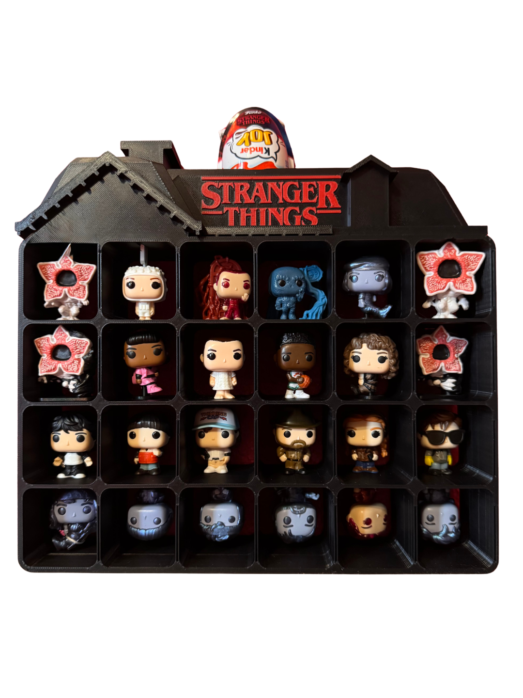 3D printed Stranger Things display with collectible mini figures and Kinder Joy egg on top