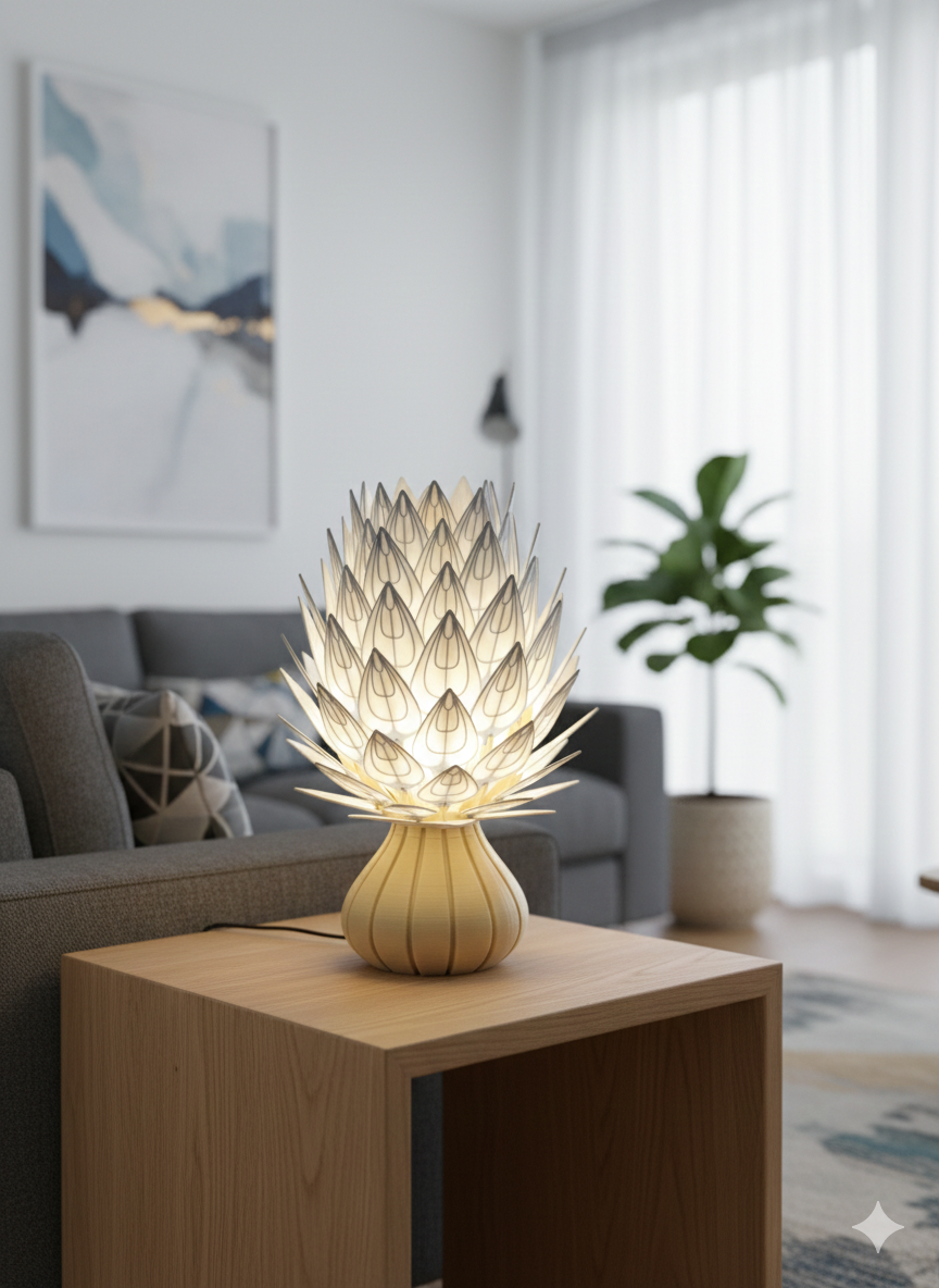 Lunqo 3D printed modern lamp with intricate petal design on wooden table in stylish living room