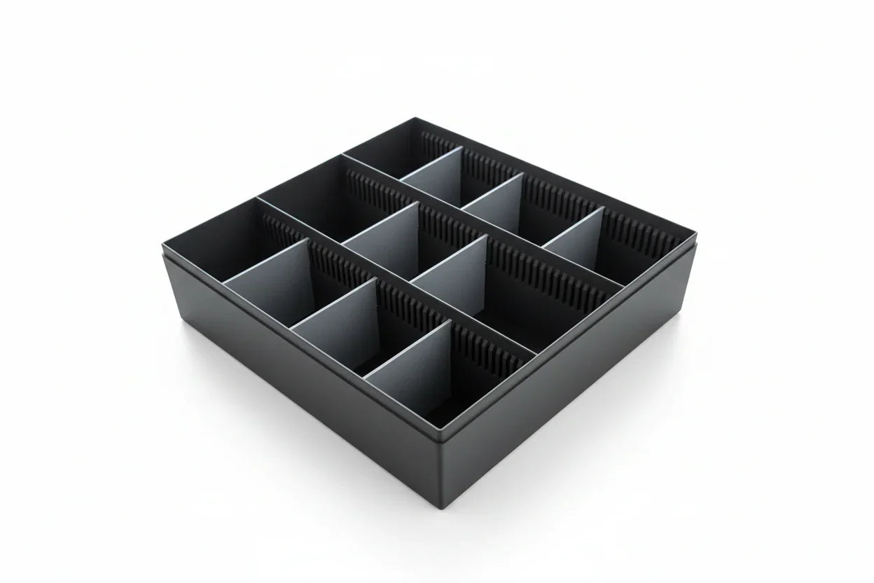 Lunqo 3D printed black organizer tray with nine compartments on white background