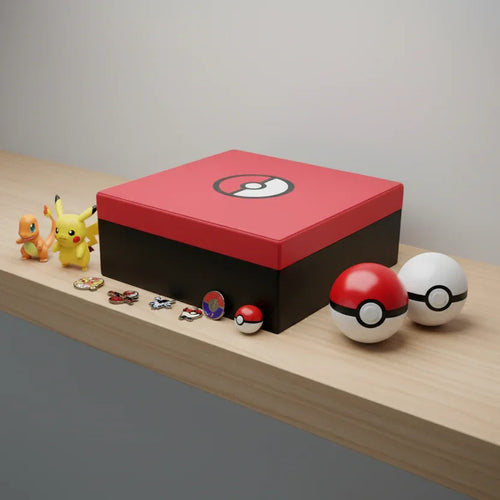 3D printed Pokeball-themed box with Pokemon figures and pins on wooden shelf, Lunqo design