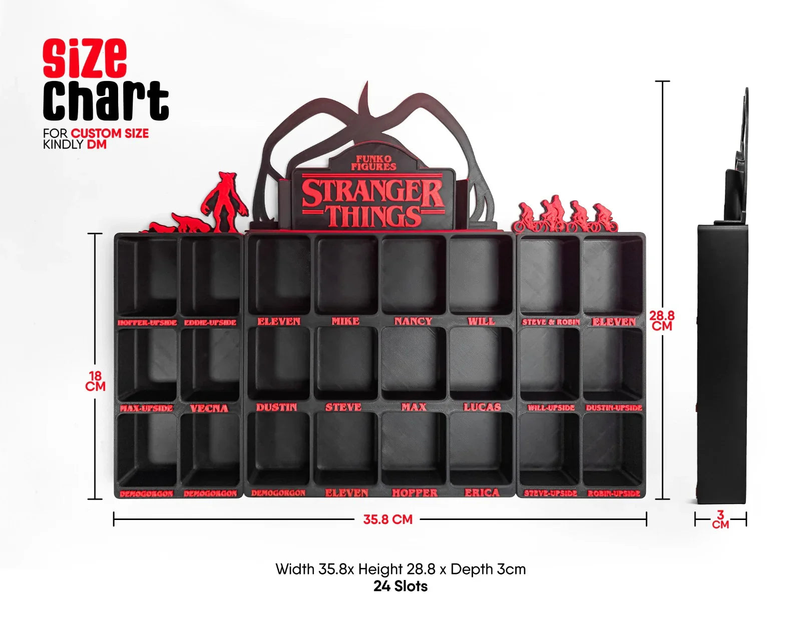 Stranger Things 3D printed display shelf with 24 slots, black and red, width 35.8 cm, height 28.8 cm, Lunqo premium design.
