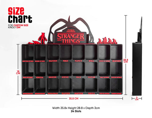 Stranger Things 3D printed display shelf with 24 slots, black and red, width 35.8 cm, height 28.8 cm, Lunqo premium design.