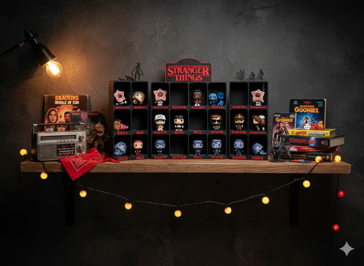 Stranger Things-themed Funko Pop display shelf with collectible figures, books, and vintage decor.