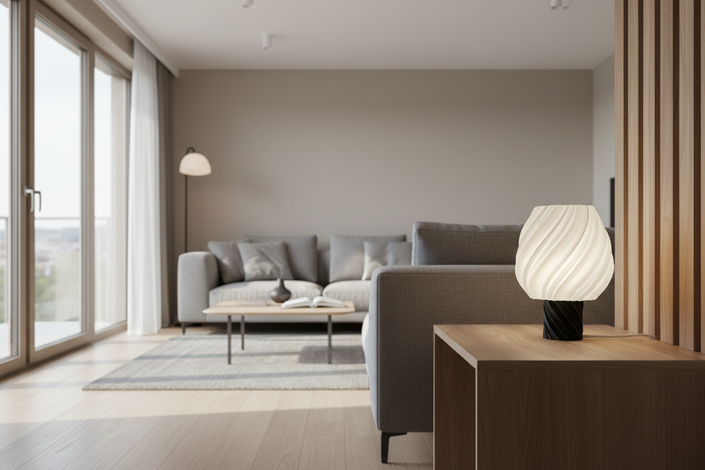 Modern living room with grey sofa, Lunqo 3D printed designer lamp on wooden table, stylish decor