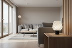 Modern living room with grey sofa, Lunqo 3D printed designer lamp on wooden table, stylish decor