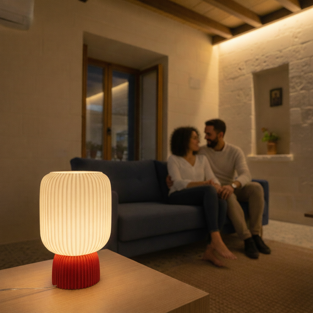 Modern 3D printed table lamp with ribbed design and warm light in cozy living room