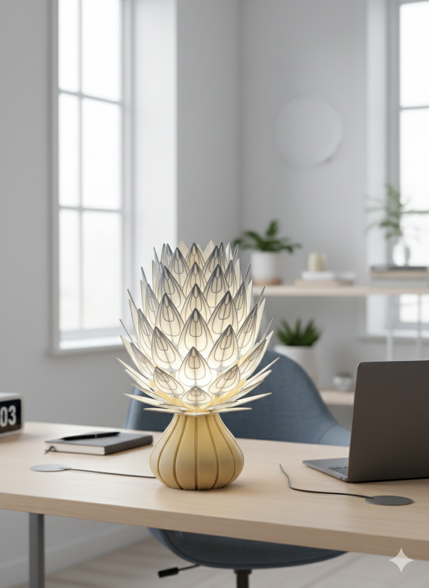 Modern 3D printed lamp with intricate geometric design on desk in bright office space, Lunqo