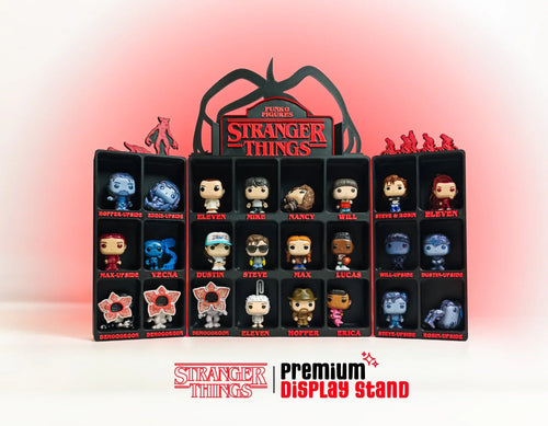Stranger Things Funko Pop figures arranged on a premium 3D printed display stand by Lunqo.