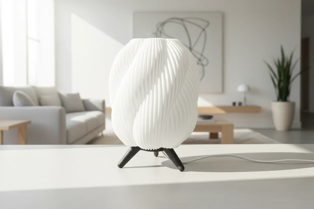 White textured lamp with black legs on a gray background