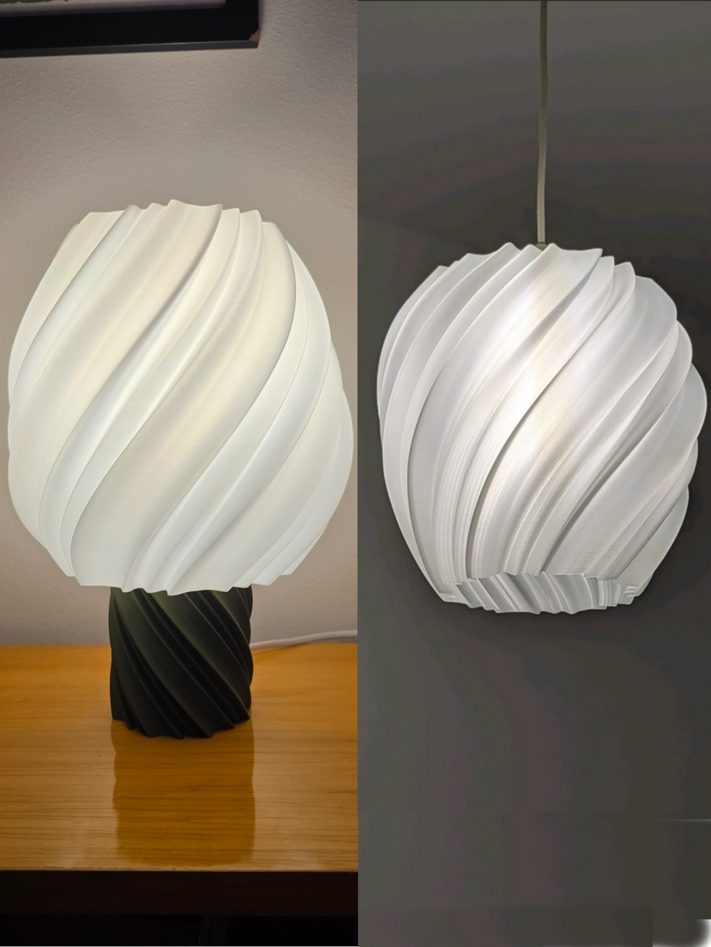 Lunqo 3D printed lamp with modern spiral design, shown as table and pendant light