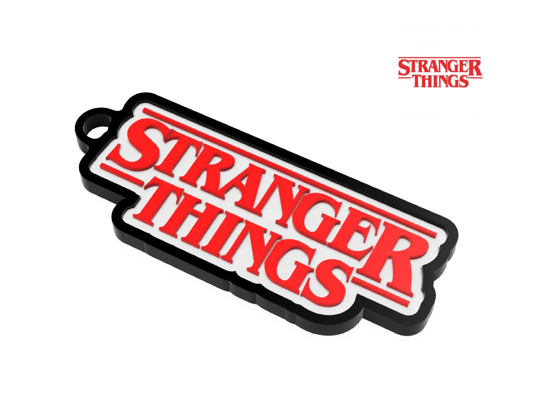 3D printed Stranger Things keychain with bold red logo, modern Lunqo design, white background