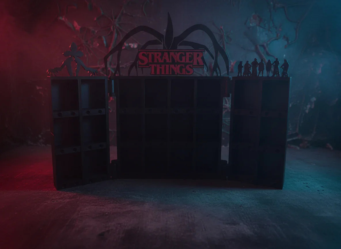 3D printed Stranger Things display shelf with character silhouettes and premium dark design