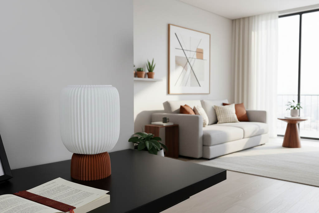 Modern living room with Lunqo 3D printed ribbed lamp, neutral sofa, and minimalist decor.