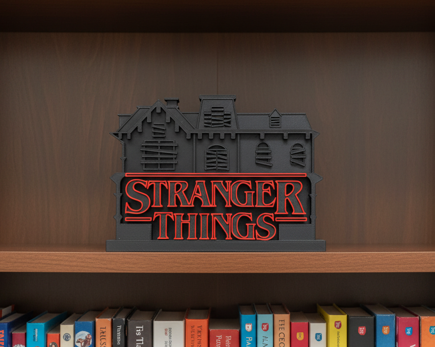 Stranger Things logo on a shelf with books