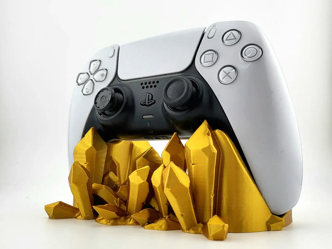 3D printed golden crystal PlayStation controller stand by Lunqo, modern stylish desk accessory