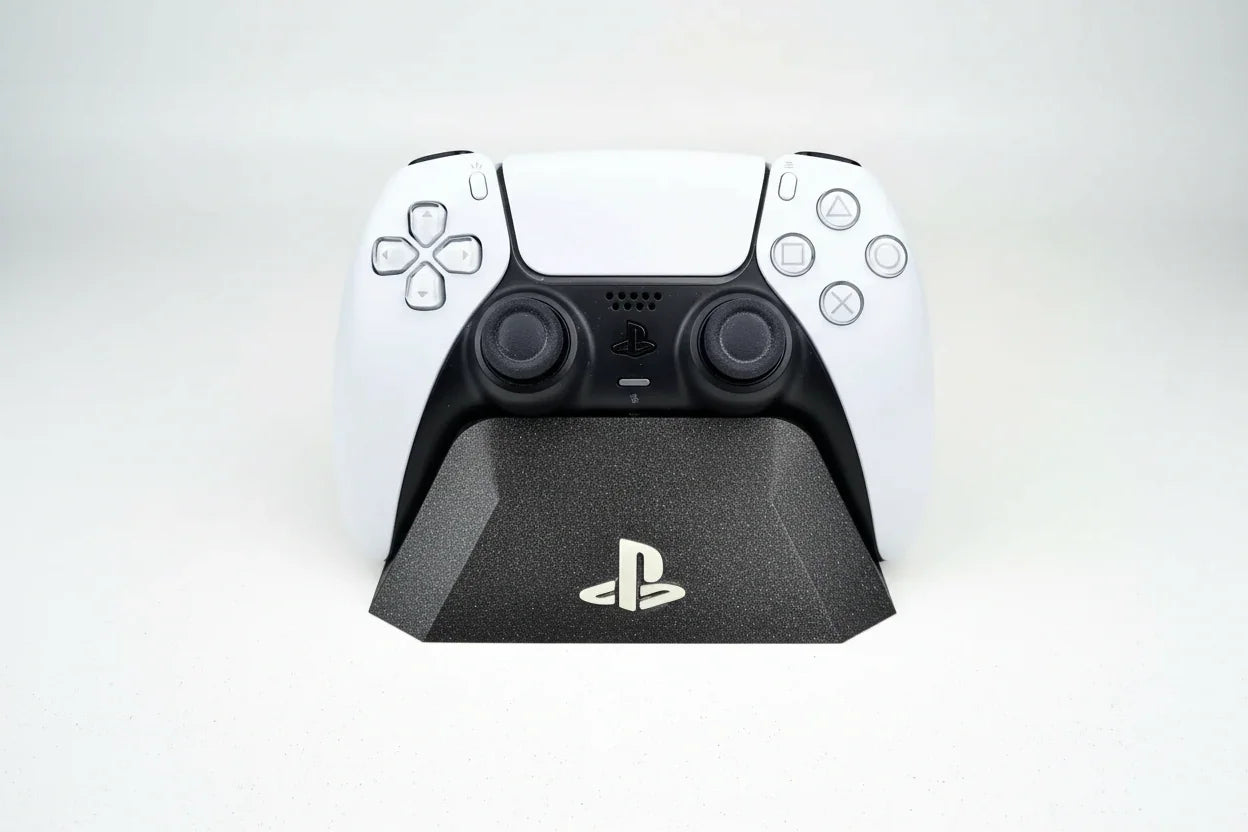 3D printed black PS5 controller stand by Lunqo, modern design, premium PlayStation accessory