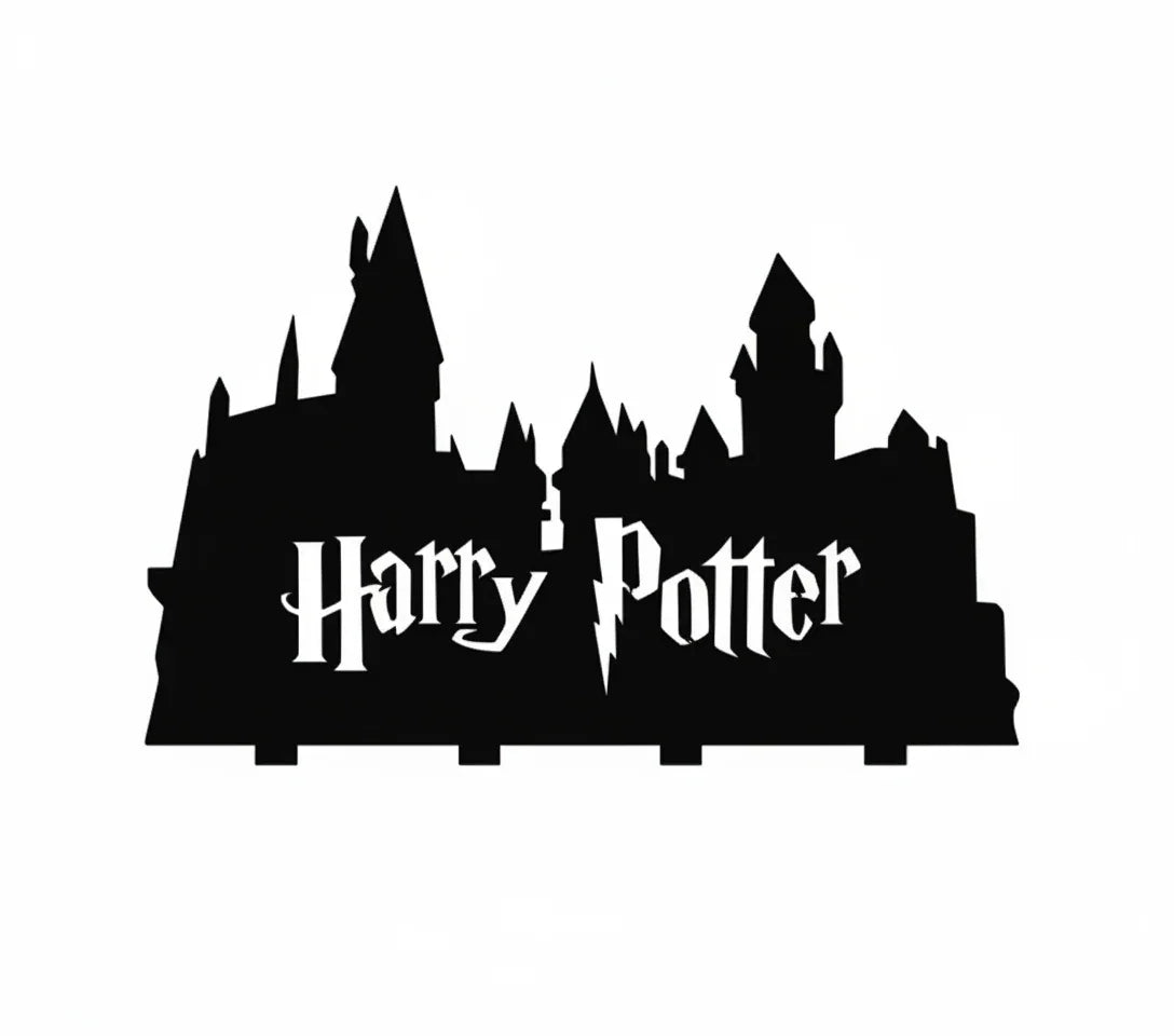 Black silhouette of a castle with 'Harry Potter' text on a white background
