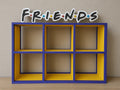 Modern 3D printed purple and yellow shelf with FRIENDS sign on top, from Lunqo