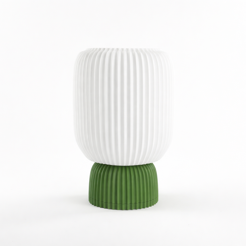 Modern 3D printed white and green ribbed vase by Lunqo on a white background