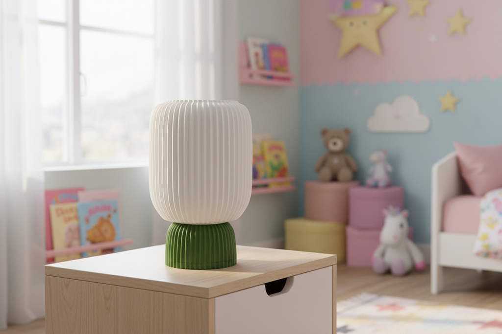 Modern white and green 3D printed lamp by Lunqo on a child's room table, pastel decor.