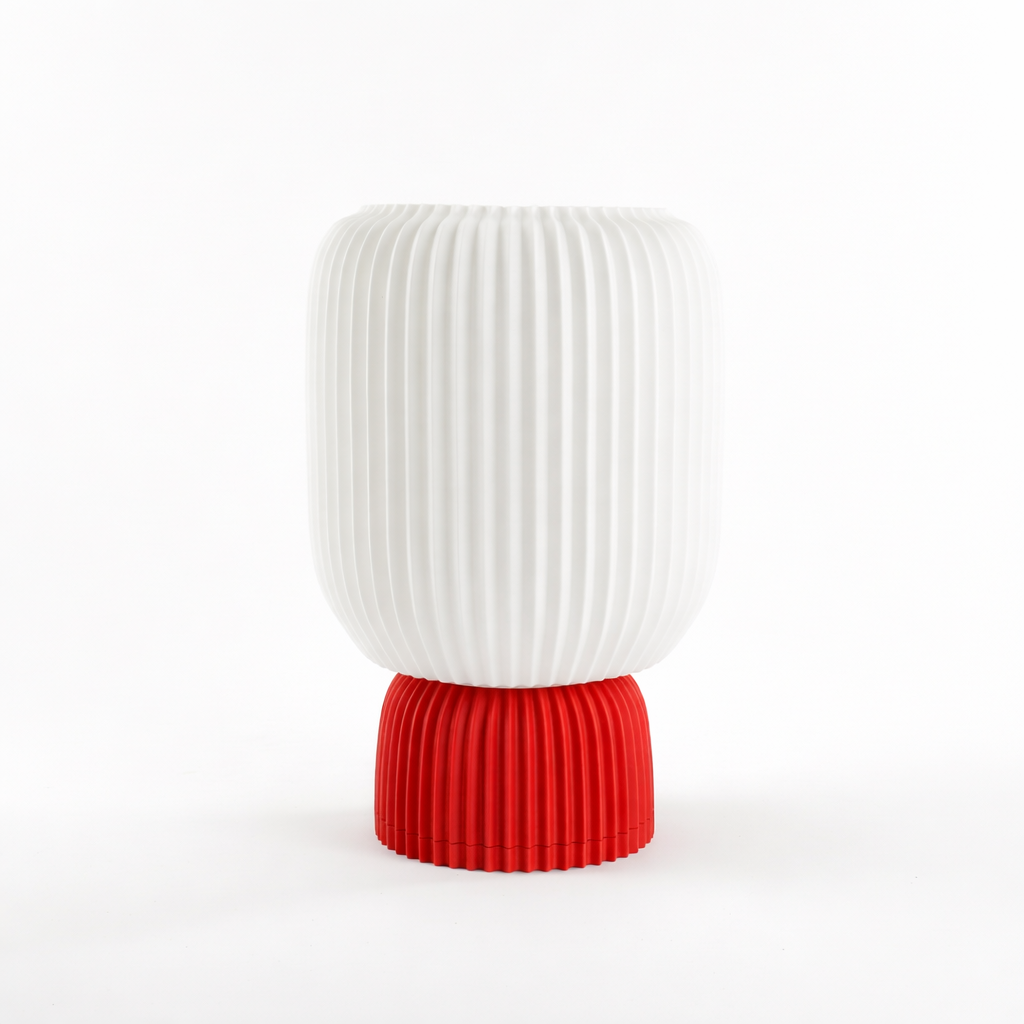 Modern 3D printed white and red ribbed vase by Lunqo on white background