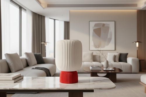 Modern 3D printed white and red Lunqo vase on marble table in stylish living room