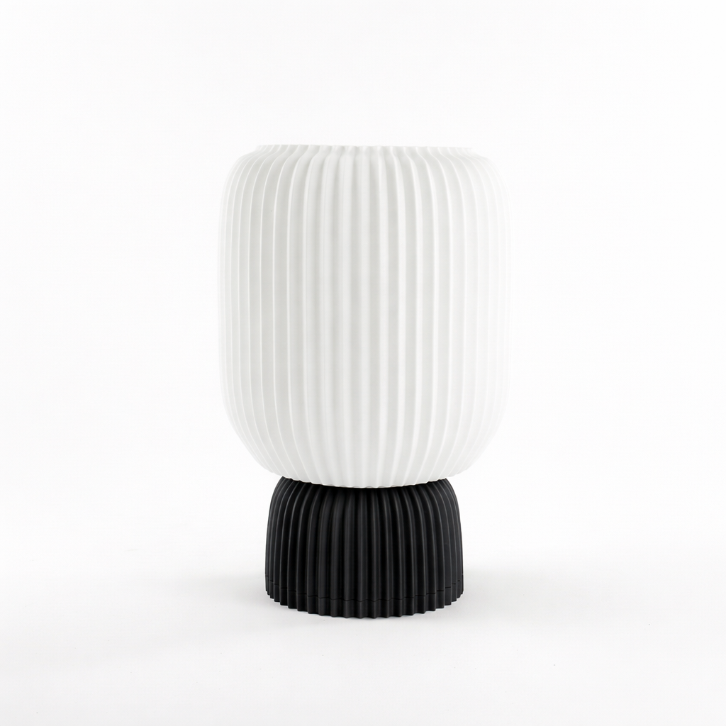 Lunqo modern 3D printed vase with ribbed white body and black base, minimalist design