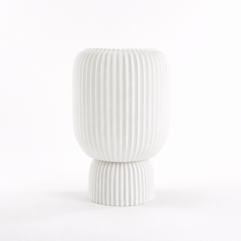 Modern white ribbed 3D printed vase by Lunqo, minimalist decorative home decor object
