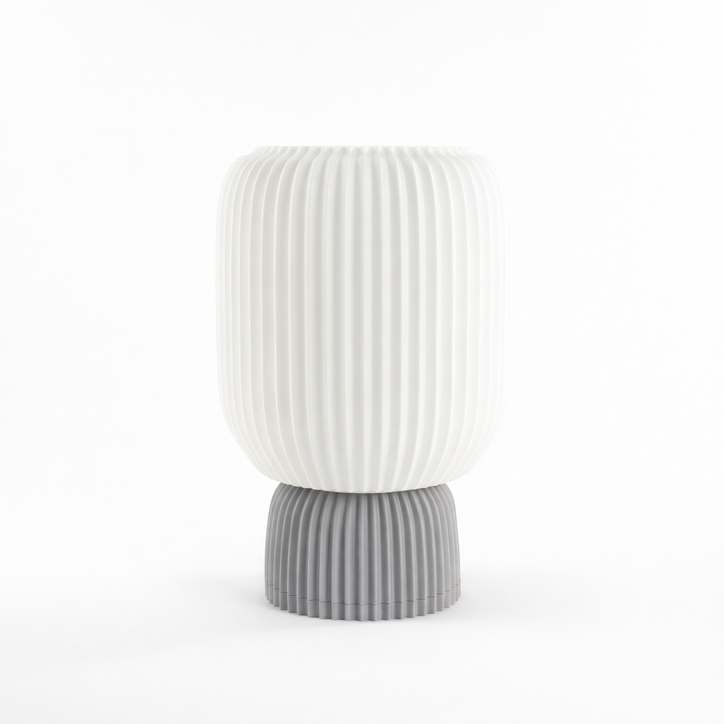 Modern 3D printed white and gray ribbed vase from Lunqo on white background