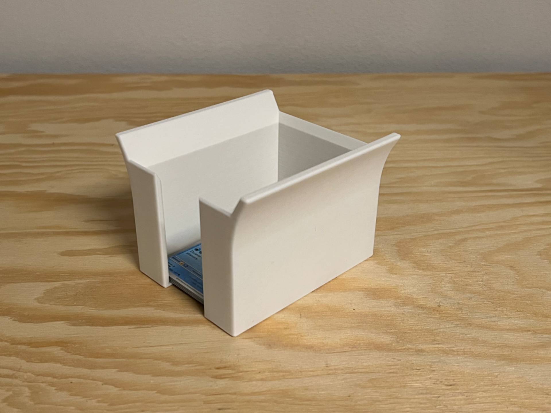 Modern white 3D printed card holder on wood surface, Lunqo premium minimalist design