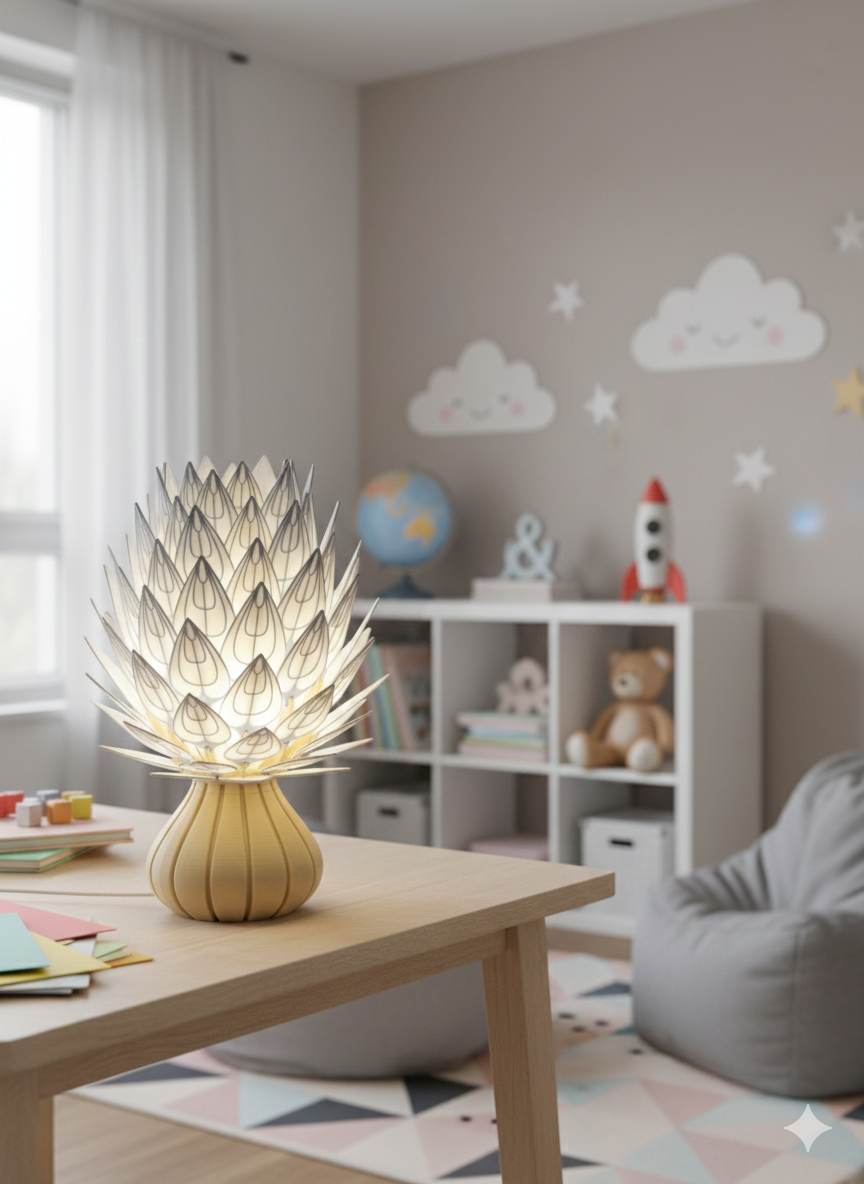 3D printed decorative lamp with modern artichoke design on a desk in a cozy, stylish room