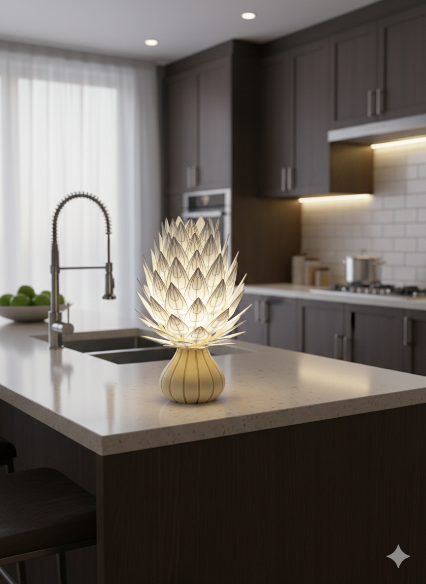Modern kitchen island with Lunqo 3D printed artichoke-inspired lamp, premium decor lighting