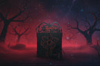 Black pop-up book with red text and graphics on a wooden surface