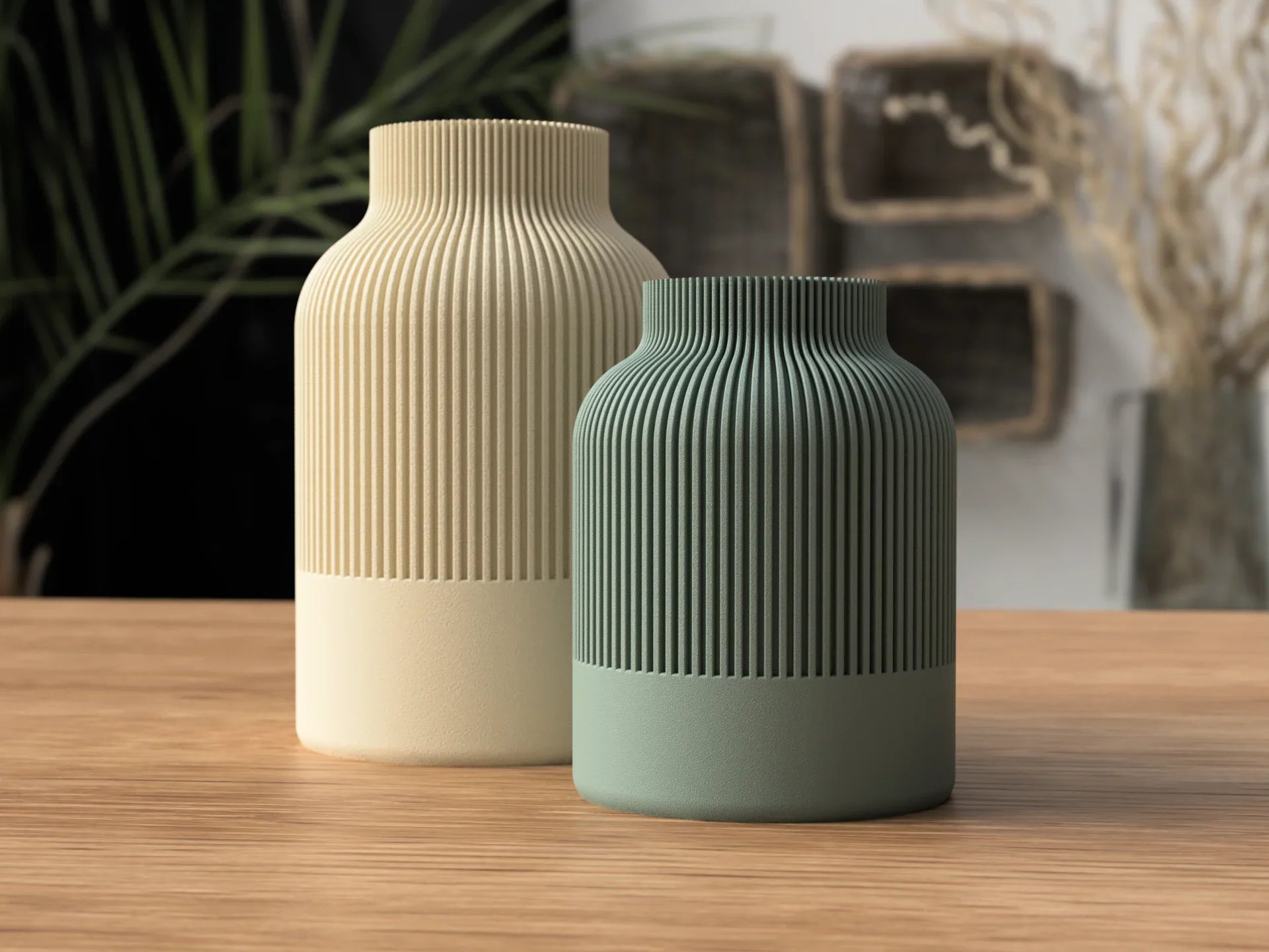 Two textured vases on a wooden surface with a blurred indoor background