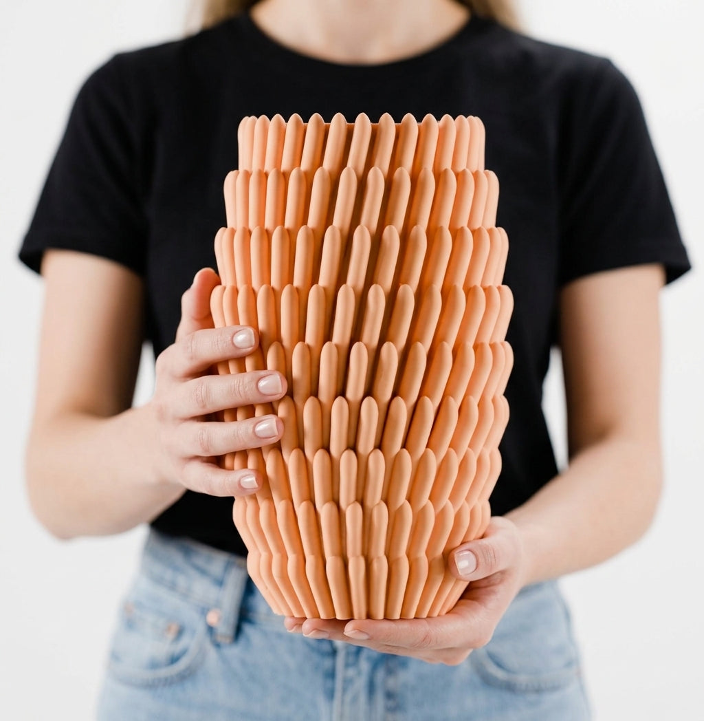 Decorative vase detail highlighting the flowing textured outer form.