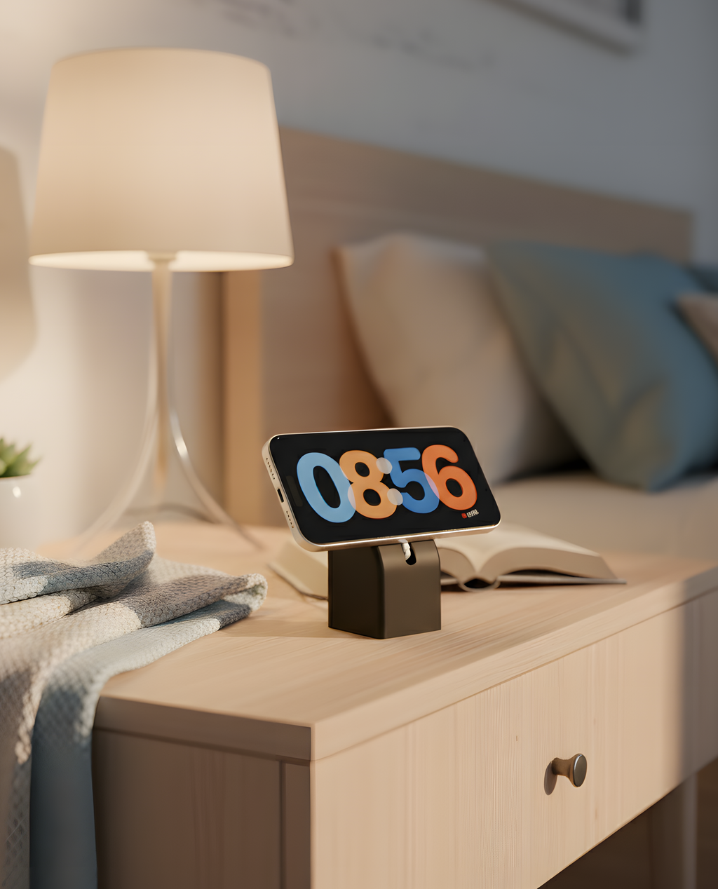 BlockDock MagSafe stand on a bedside table